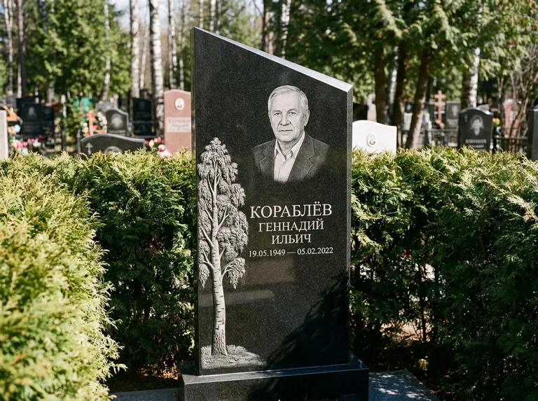 Памятник с гравировкой берёзы: асимметричная скошенная стела — объёмная одинокая берёза с фактурной корой, живая изгородь из туи, работа «Кораблёв» в Нижнем Новгороде