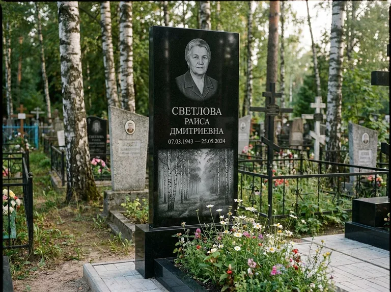 Памятник с гравировкой берёзы: двойная семейная стела — берёзовая роща в лёгкой дымке, цветник с полевыми цветами, работа «Светлова» в Нижнем Новгороде