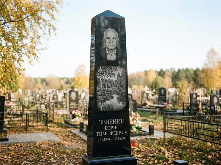 Памятник с гравировкой берёзы: гранёный обелиск-колонна — берёза у воды с отражением, открытый участок, мягкий свет, работа «Зеленин» в Нижнем Новгороде