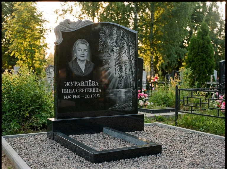 Памятник с гравировкой берёзы: стела с фигурным резным верхом — плакучая берёза в контровом свете, гравийная отсыпка, рассвет, работа «Журавлёва» в Нижнем Новгороде