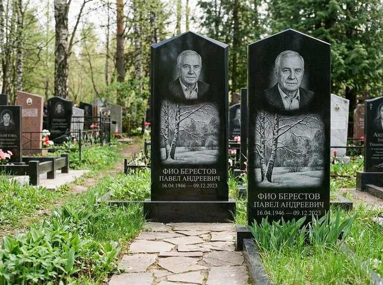 Памятник с гравировкой берёзы: массивная стела с двускатным навершием — зимняя берёза, снег на ветвях, дорожка из природного плитняка, работа «Берестов» в Нижнем Новгороде
