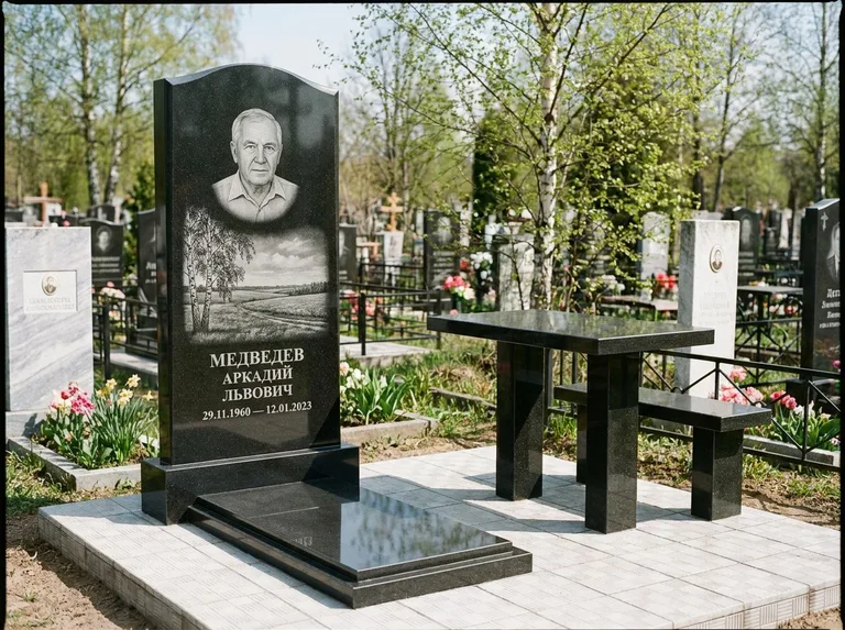 Памятник с гравировкой берёзы: стела с гранитным столиком и скамьёй — берёза у поля, простор до горизонта, семейный участок с плиткой, работа «Медведев» в Нижнем Новгороде