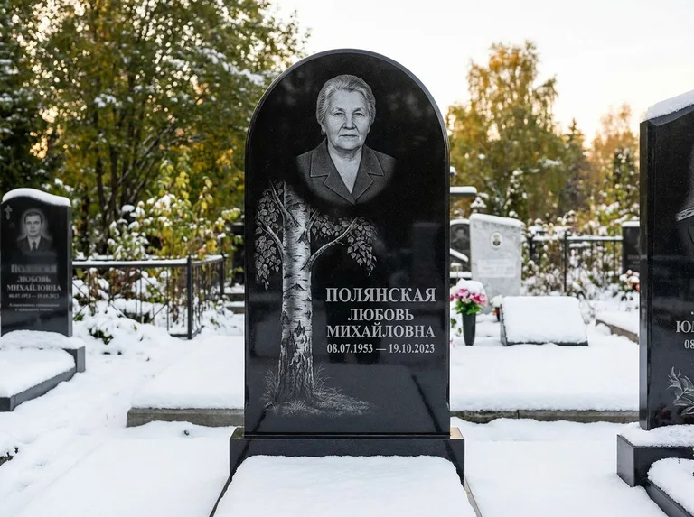 Памятник с гравировкой берёзы: полукруглая стела — объёмная одинокая берёза с фактурной корой, заснеженный зимний участок, работа «Полянская» в Нижнем Новгороде
