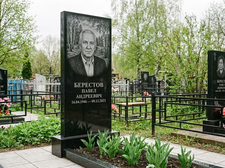 Памятник с гравировкой берёзы — гравировка берёзовой рощи в глубину, работа «Берестов» в Нижнем Новгороде