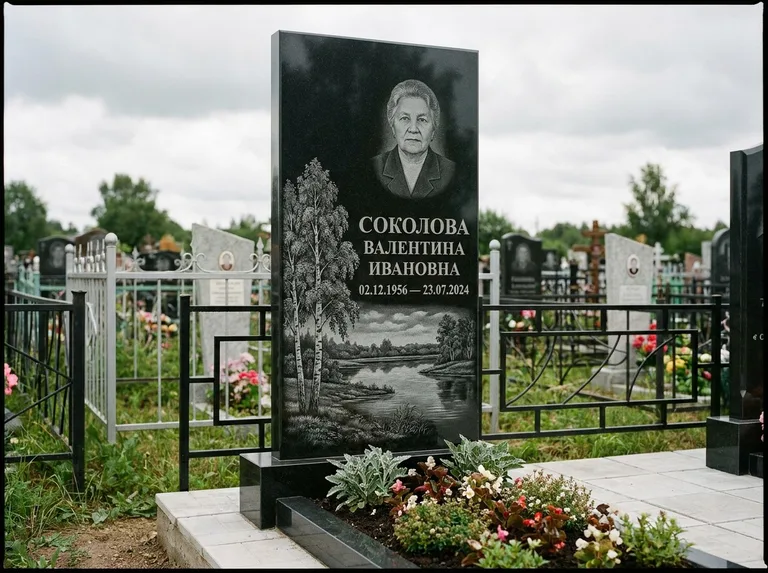 Памятник с гравировкой берёзы — гравировка берёзы у зеркального озера, работа «Соколова» в Нижнем Новгороде
