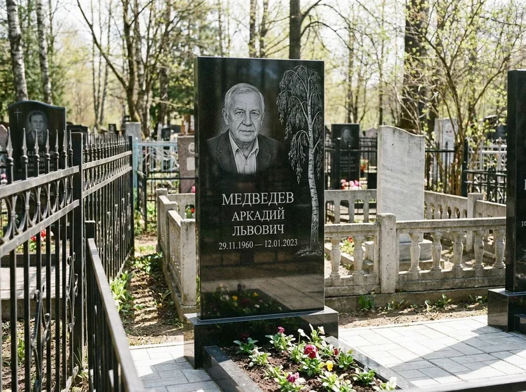 Памятник с гравировкой берёзы — гравировка плакучей берёзы с тонкими ветвями, работа «Медведев» в Нижнем Новгороде