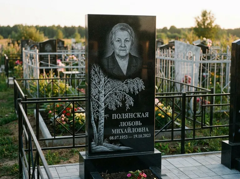 Памятник с гравировкой берёзы — гравировка зимней берёзы в инее, работа «Полянская» в Нижнем Новгороде