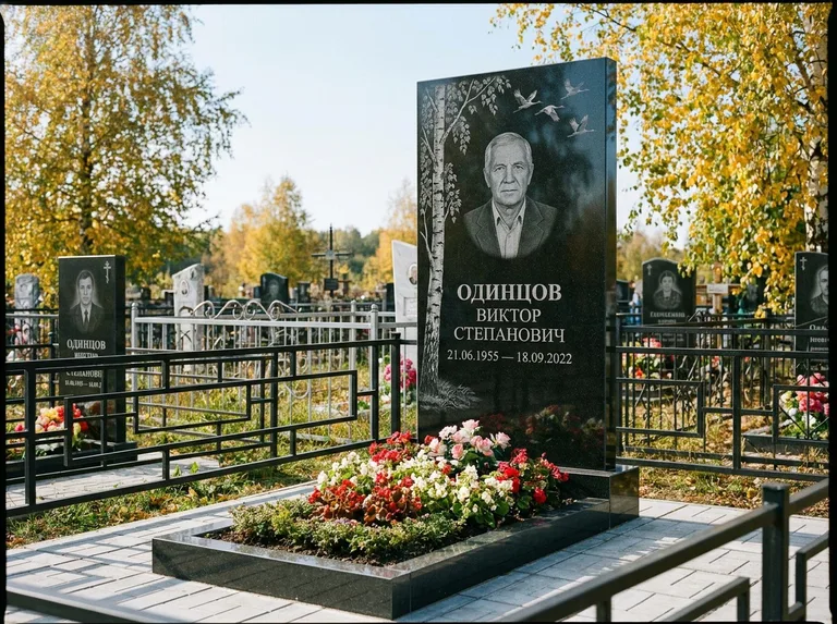 Памятник с гравировкой берёзы — гравировка берёзы с журавлиным клином в небе, работа «Одинцов» в Нижнем Новгороде