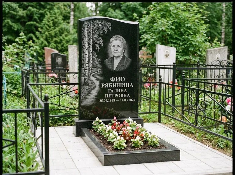 Памятник с гравировкой берёзы — гравировка берёзы у тропинки, уходящей вдаль, работа «Рябинина» в Нижнем Новгороде