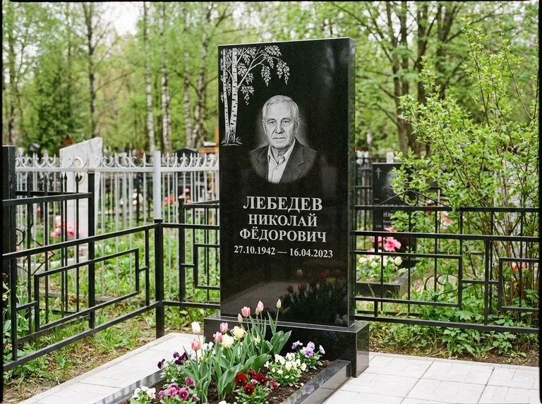 Памятник с гравировкой берёзы — гравировка одинокой берёзы над именем, работа «Лебедев» в Нижнем Новгороде