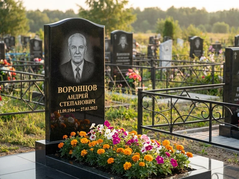 Гравировка фото на памятнике в Нижнем Новгороде — готовый гравированный портрет на чёрном граните