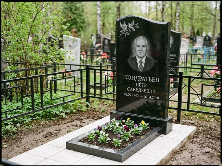 Памятник с гравировкой голубей — гравировка пары голубей на ветке в верхнем углу стелы, работа «Кондратьев» в Нижнем Новгороде