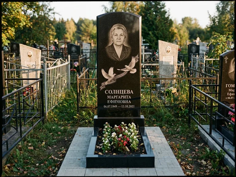 Памятник с гравировкой голубей — гравировка двух летящих голубей с лентой по диагонали стелы, работа «Солнцева» в Нижнем Новгороде