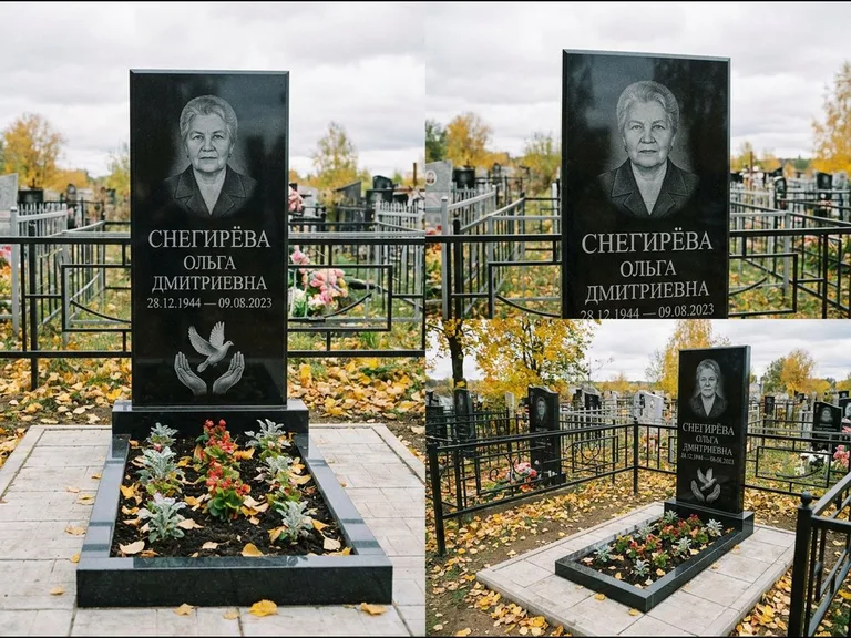 Памятник с гравировкой голубей — гравировка голубя над раскрытыми ладонями внизу стелы, работа «Снегирёва» в Нижнем Новгороде