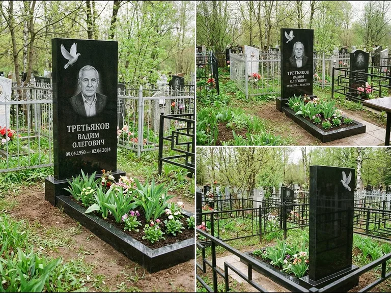 Памятник с гравировкой голубей — белая гравировка взлетающего голубя над портретом, работа «Третьяков» в Нижнем Новгороде