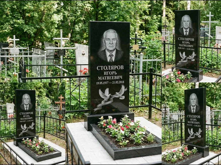 Памятник с гравировкой голубей — гравировка двух летящих голубей с лентой по диагонали стелы, работа «Столяров» в Нижнем Новгороде