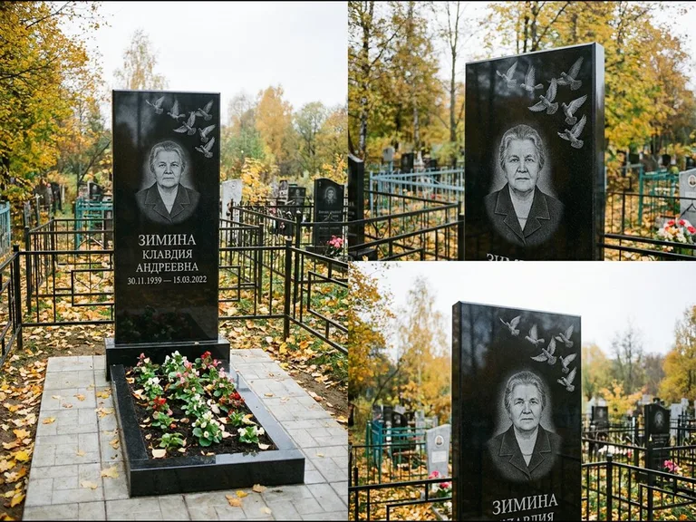 Памятник с гравировкой голубей — гравировка стаи голубей, взлетающей от угла стелы, работа «Зимина» в Нижнем Новгороде