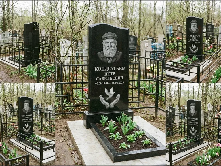 Памятник с гравировкой голубей — гравировка голубя над раскрытыми ладонями внизу стелы, работа «Кондратьев» в Нижнем Новгороде