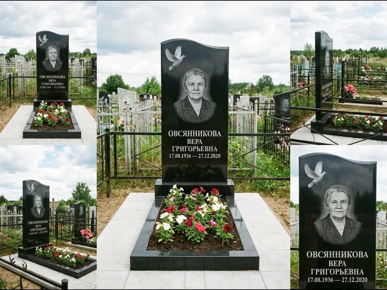 Памятник с гравировкой голубей — белая гравировка взлетающего голубя над портретом, работа «Овсянникова» в Нижнем Новгороде