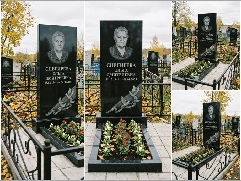Памятник с гравировкой голубей — гравировка двух летящих голубей с лентой по диагонали стелы, работа «Снегирёва» в Нижнем Новгороде
