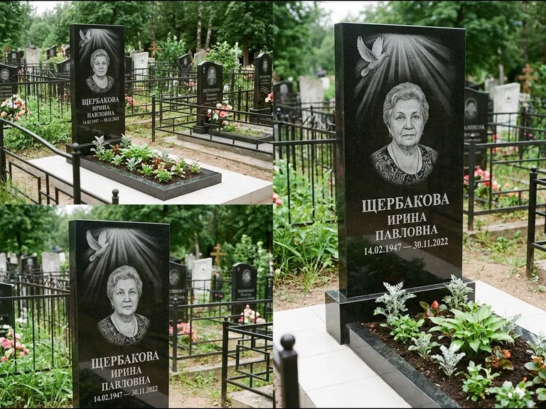 Памятник с гравировкой голубей — гравировка голубя в лучах света над портретом, работа «Щербакова» в Нижнем Новгороде