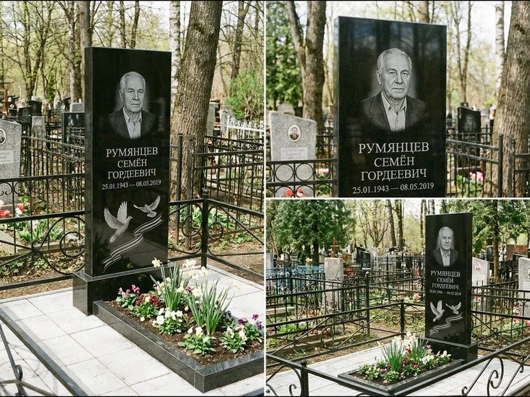 Памятник с гравировкой голубей — гравировка двух летящих голубей с лентой по диагонали стелы, работа «Румянцев» в Нижнем Новгороде
