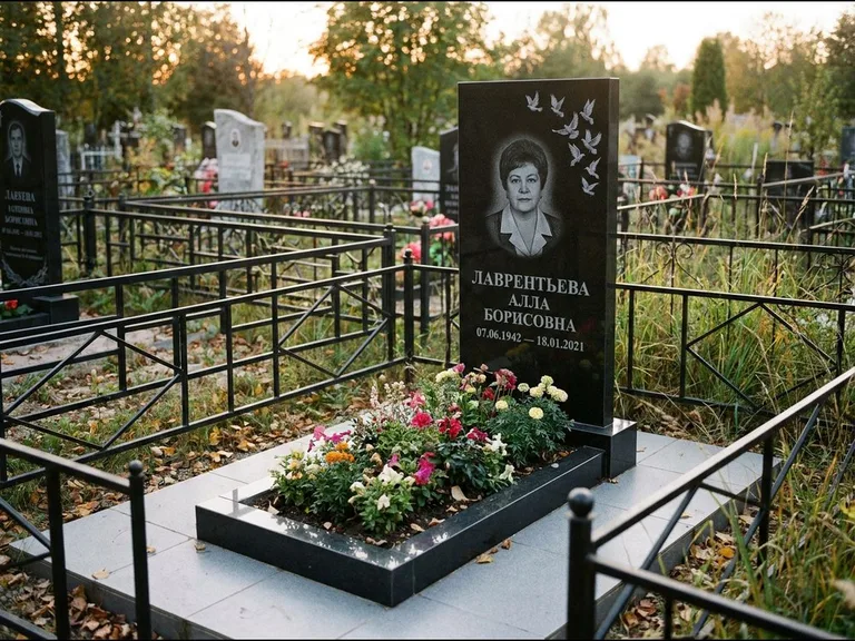 Памятник с гравировкой голубей — гравировка стаи голубей, взлетающей от угла стелы, работа «Лаврентьева» в Нижнем Новгороде