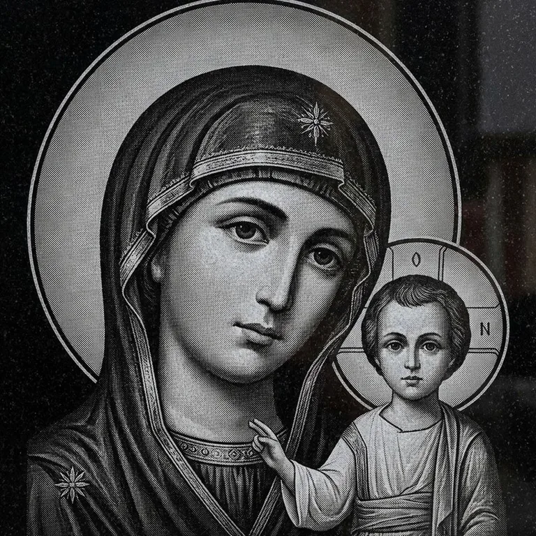 Эскиз иконы: Казанская (полутон) — детальный образ Богородицы, гравировка на памятник в Нижнем Новгороде