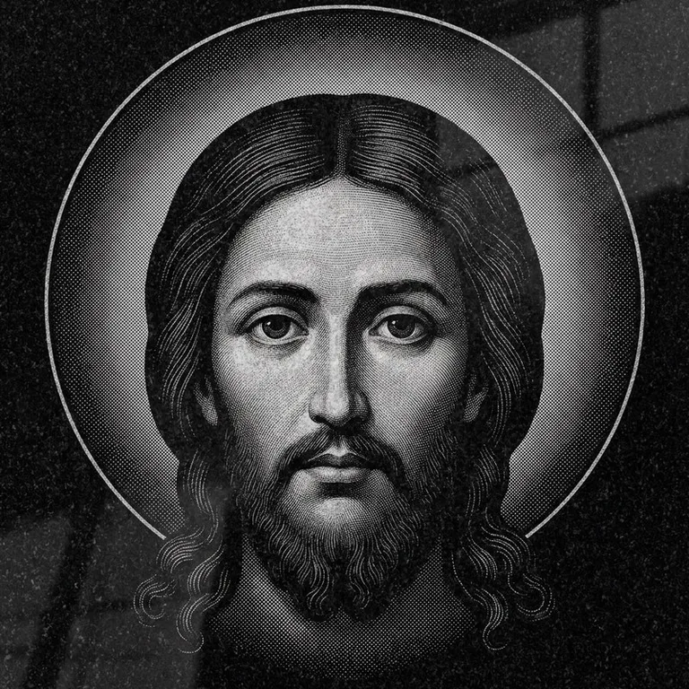 Эскиз иконы: Спас Нерукотворный (полутон) — детальный лик на убрусе, гравировка на памятник в Нижнем Новгороде