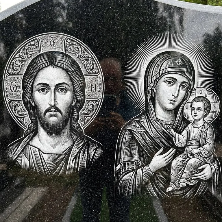 Эскиз иконы: Спаситель и Богородица — парные образы симметрично, гравировка на памятник в Нижнем Новгороде