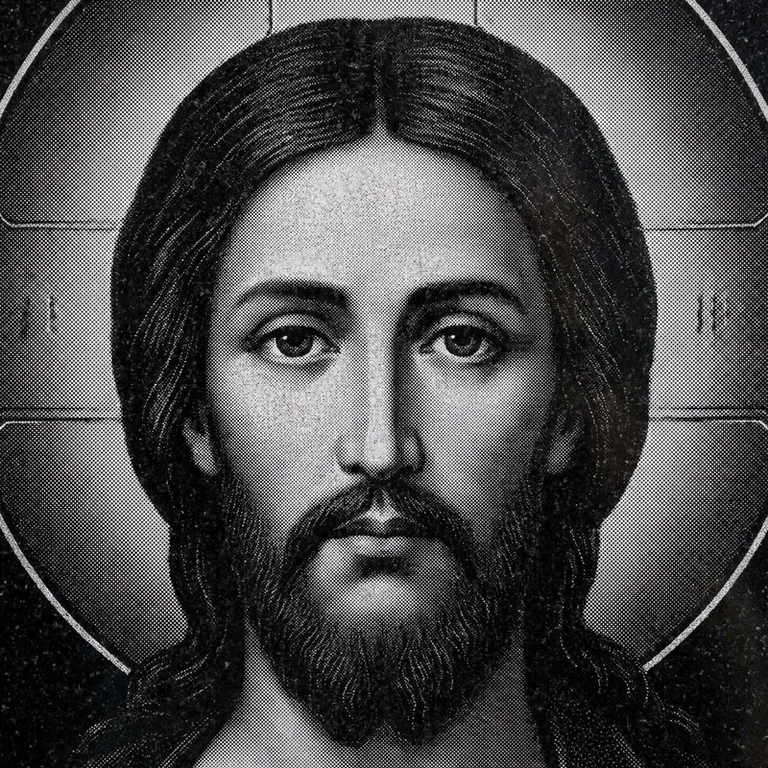 Эскиз иконы: Спас Вседержитель (полутон) — объёмный лик, светотень, гравировка на памятник в Нижнем Новгороде