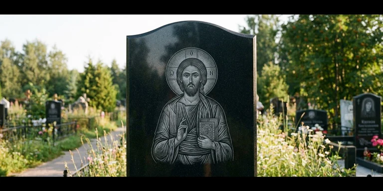 Иконы для гравировки на памятник в Нижнем Новгороде — образ на стеле из чёрного гранита с ручной доводкой лика
