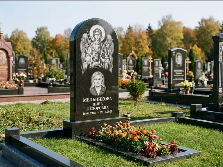 Памятник с гравировкой иконы — икона над портретом усопшего, работа «Журавлёв» в Нижнем Новгороде