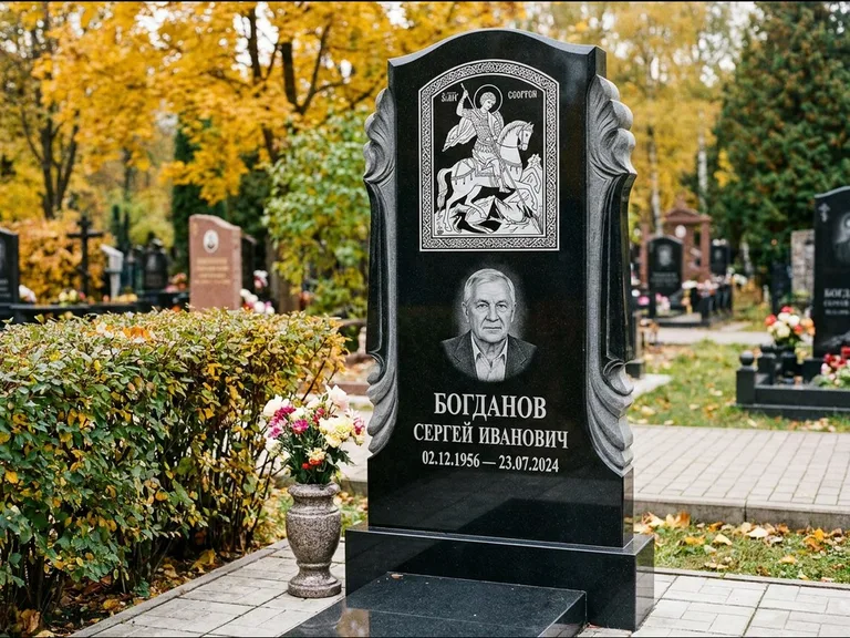Памятник с гравировкой иконы — икона Спаса Вседержителя над именем усопшего, работа «Лебедева» в Нижнем Новгороде