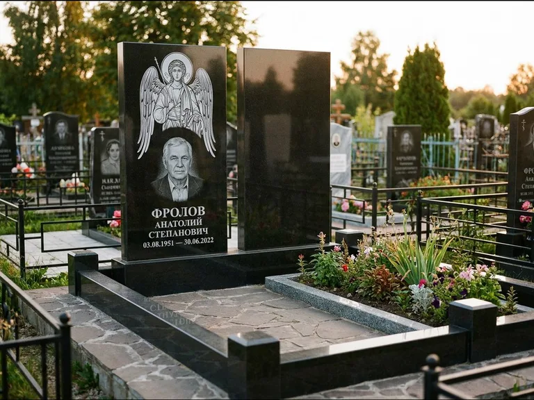 Памятник с гравировкой иконы: стела с резной рамкой вокруг иконы — Архангел Михаил на стеле, белая мраморная крошка с бордюром, работа «Богданова» в Нижнем Новгороде