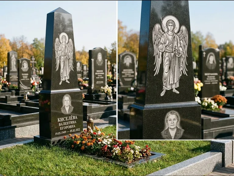 Памятник с гравировкой иконы: асимметричная скошенная стела — гравировка образа Спасителя, живая изгородь из кустарника, работа «Третьяков» в Нижнем Новгороде