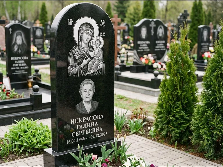 Памятник с гравировкой иконы: фигурная стела с киот-нишей под икону — икона в резной рамке-киоте, светлая гравийная отсыпка, работа «Журавлёв» в Нижнем Новгороде