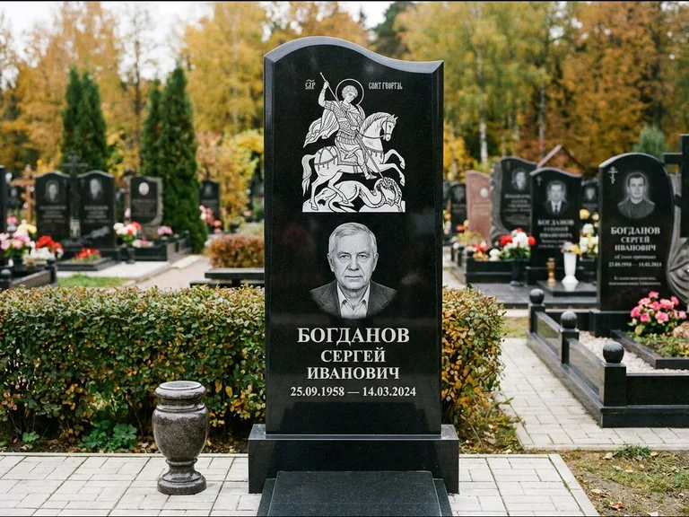 Памятник с гравировкой иконы: монументальный семейный мемориал из двух стел на общем цоколе — гравировка Николая Чудотворца, мощёная гранитная площадка без ограды, работа «Раевская» в Нижнем Новгороде