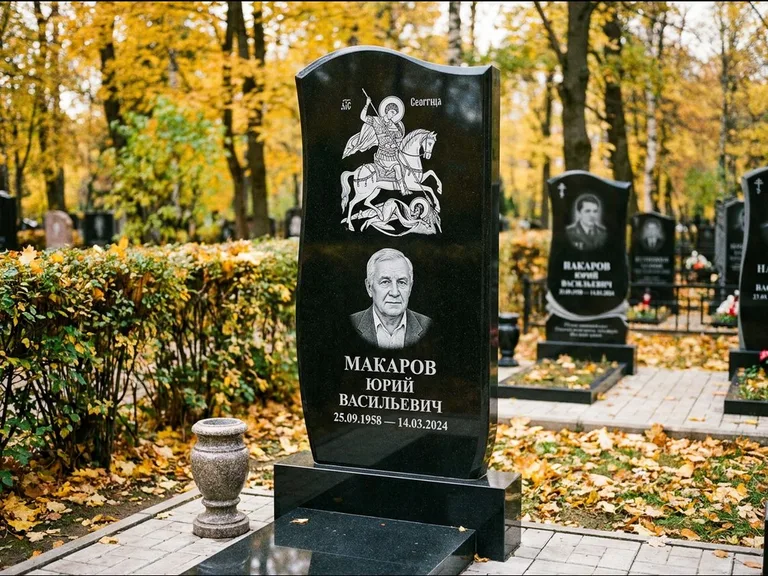 Памятник с гравировкой иконы — икона над портретом усопшего, работа «Раевская» в Нижнем Новгороде