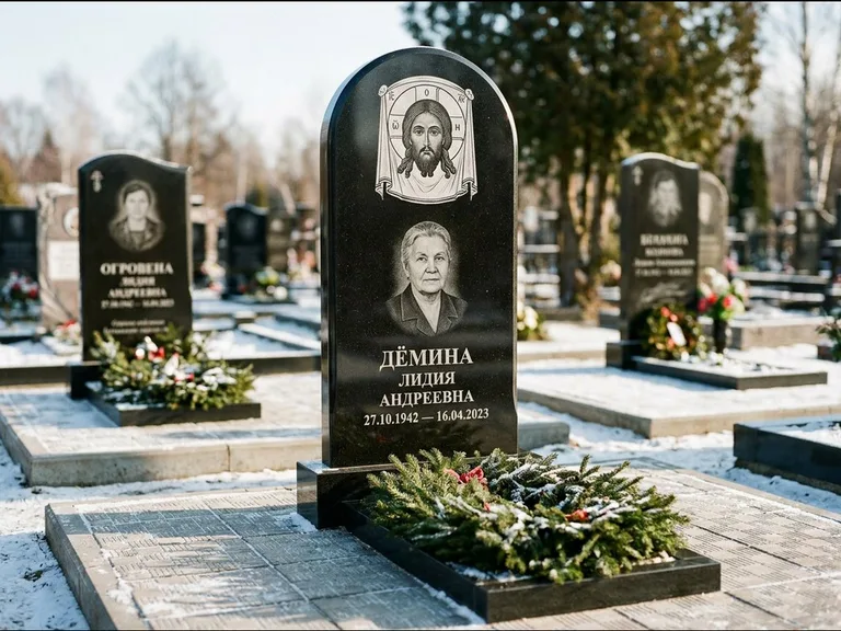 Памятник с гравировкой иконы — икона Спаса Вседержителя над именем усопшего, работа «Ковалёв» в Нижнем Новгороде