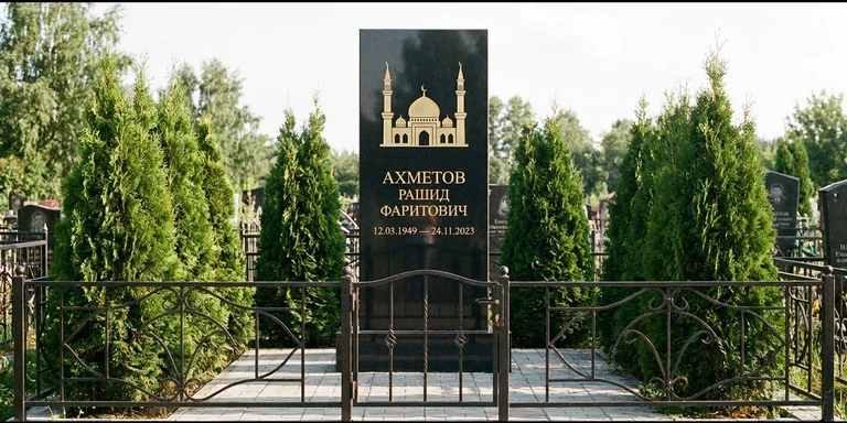 Гравировка мечети на памятник в Нижнем Новгороде — стела из чёрного гранита, оформление по канонам ислама