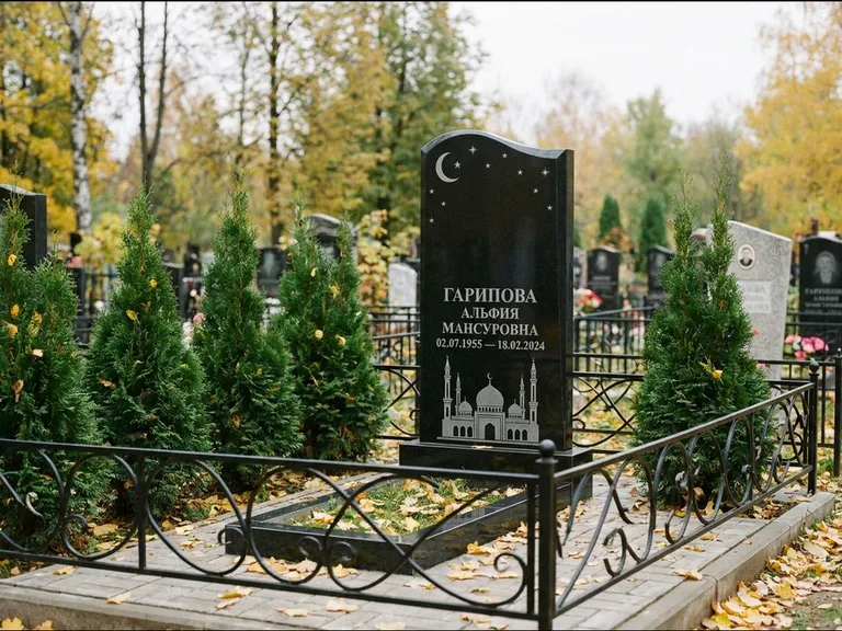 Мусульманский памятник с гравировкой мечети — мечеть с луной в ночном небе, работа «Гарипова» в Нижнем Новгороде
