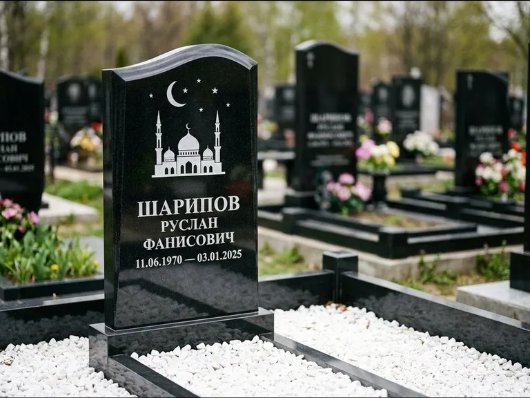 Мусульманский памятник с гравировкой мечети: стела с волнообразным скошенным верхом — гравировка мечети под полумесяцем и звёздами, белая мраморная крошка с бордюром, работа «Шарипов» в Нижнем Новгороде