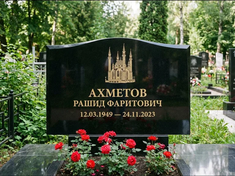 Мусульманский памятник с гравировкой мечети: широкая двойная семейная стела — золочёная гравировка мечети, цветник с красными розами, работа «Ахметов» в Нижнем Новгороде