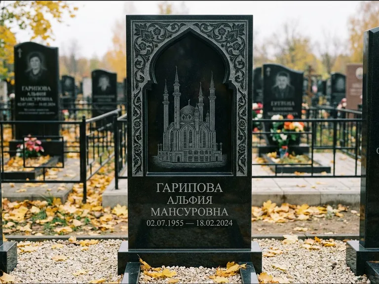 Мусульманский памятник с гравировкой мечети: фигурная стела с михраб-нишей — гравировка мечети в михраб-арке с орнаментом, светлая гравийная отсыпка, работа «Гарипова» в Нижнем Новгороде