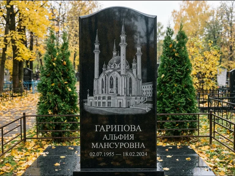 Мусульманский памятник с гравировкой мечети — мечеть Кул-Шариф на обороте стелы, работа «Гарипова» в Нижнем Новгороде