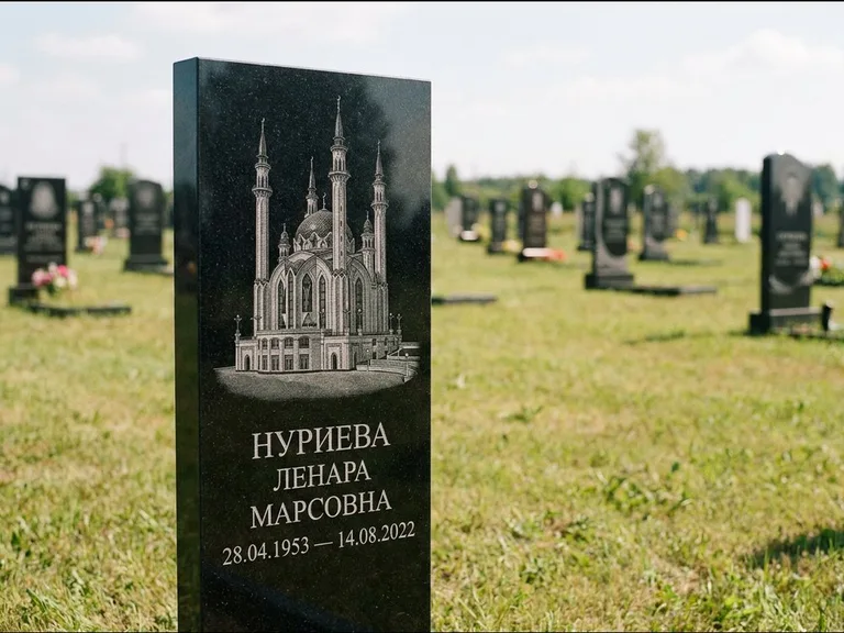 Мусульманский памятник с гравировкой мечети: узкая вертикальная стела-пилон — гравировка мечети в михраб-арке с орнаментом, открытая лужайка без ограды, работа «Хайруллина» в Нижнем Новгороде