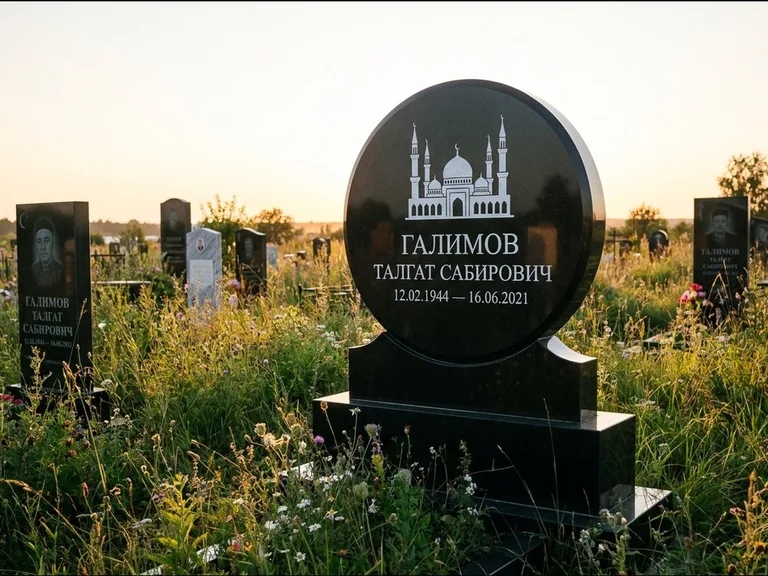 Мусульманский памятник с гравировкой мечети: округлая стела-медальон на тумбе — гравировка мечети в михраб-арке с орнаментом, луговые травы и полевые цветы, работа «Каримов» в Нижнем Новгороде