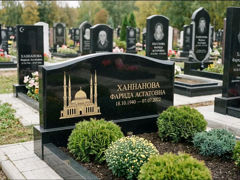 Мусульманский памятник с гравировкой мечети: вытянутая горизонтальная семейная стела с аркой — белая гравировка силуэта мечети с минаретами, участок с декоративными кустами, работа «Гарипова» в Нижнем Новгороде
