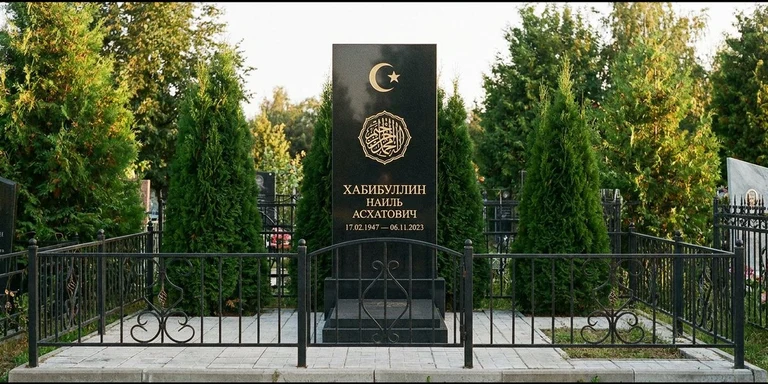 Гравировка на мусульманском памятнике в Нижнем Новгороде — стела из чёрного гранита, оформление по канонам ислама